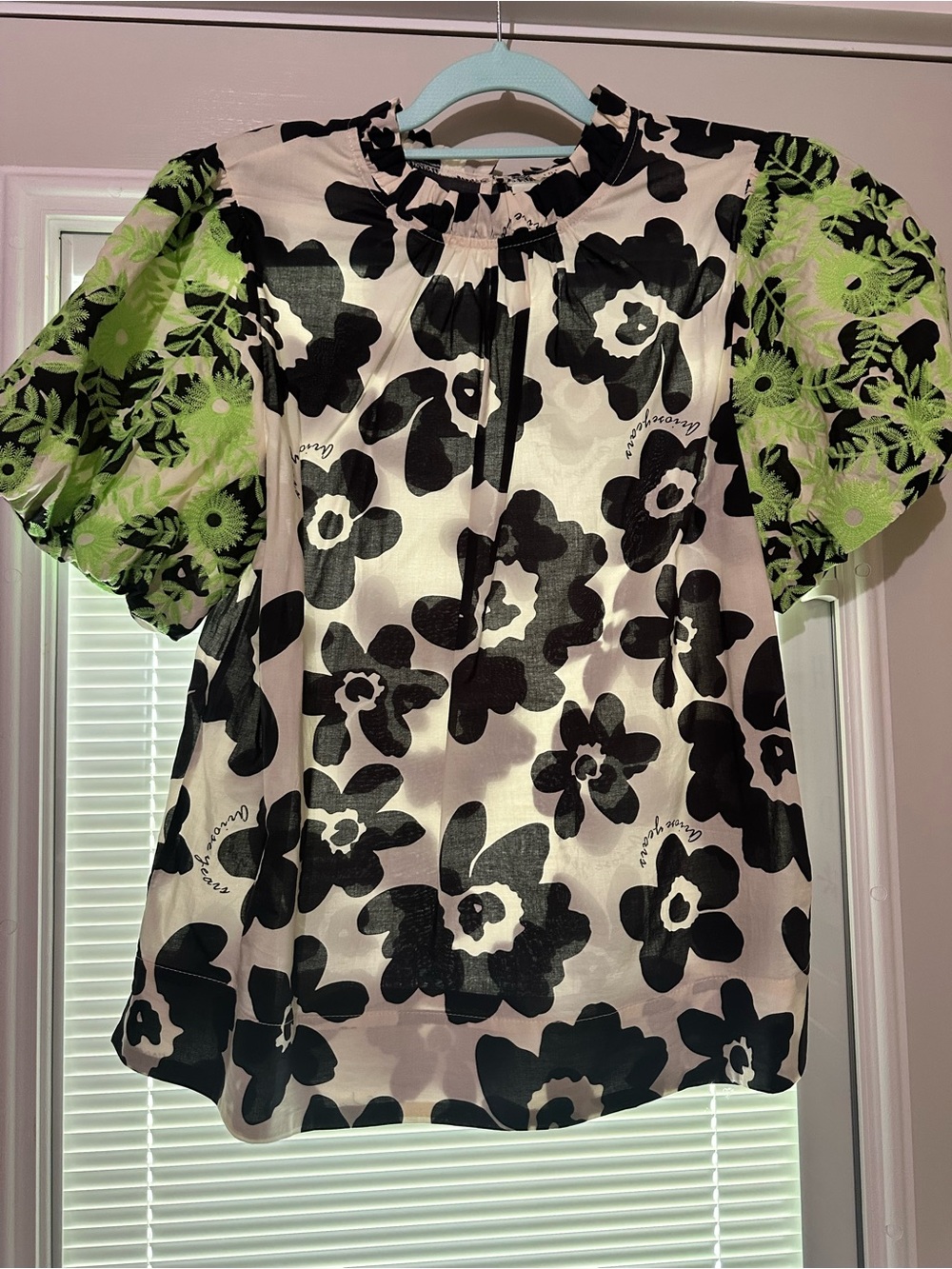 JODIFL Black & White Floral Top with Lime Green Puff Sleeves